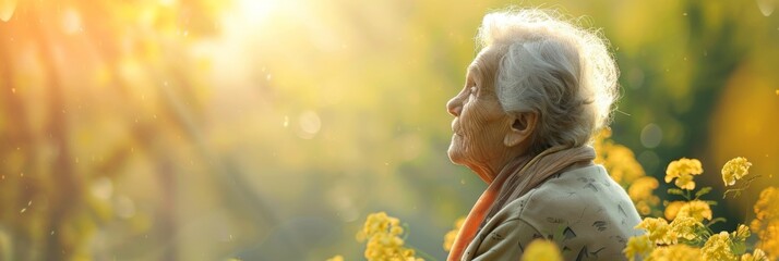 National Senior Citizens Day. Horizontal banner. An elderly elegant gray-haired woman in a garden or park in the sunlight. Free space for text. Support for the elderly concept