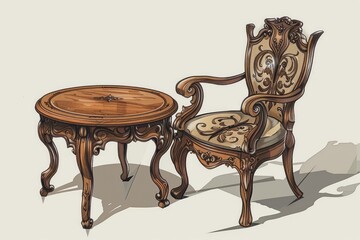 Stylized Furniture Art Nouveau-inspired furniture, curved chair table ornate carvings and embellishments.