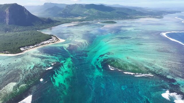 Underwater Waterfall At Le Morne Beach In Mauritius Island Mauritius. Indian Ocean Beach. Africa Background. Le Morne Beach At Mauritius Island Mauritius. Tourism Landscape. Nature Seascape.