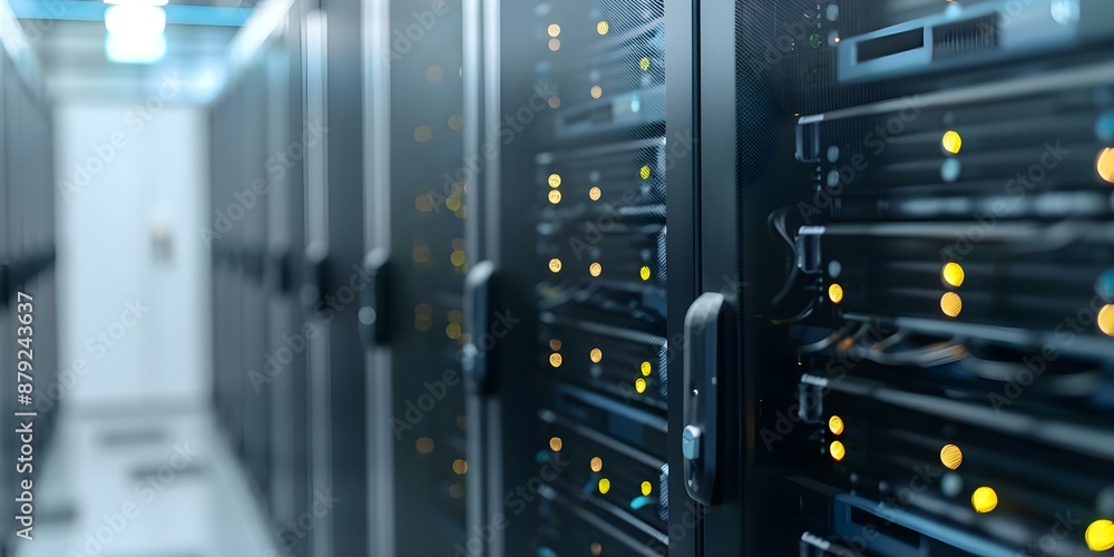 Poster state-of-the-art data center featuring server racks, cooling systems, and backup power. concept data