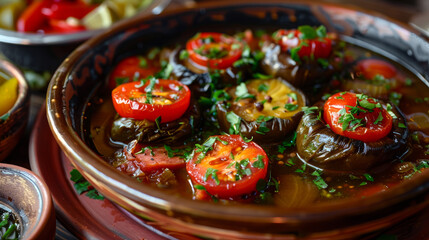 Azerbaijan's national dish, dolma, is stuffed vegetables cooked in a broth. It consists of three main ingredients: meat, tomatoes, and eggplants, along with peppers.