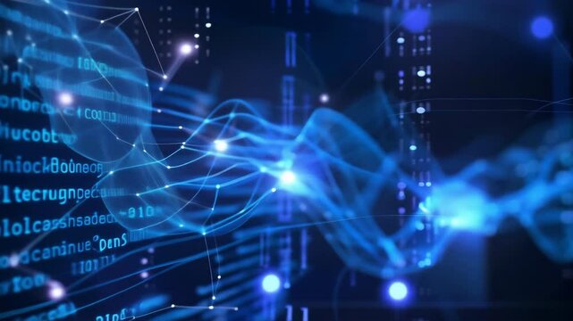 Futuristic digital background with glowing data and code visuals, representing computer technology, AI, and cybersecurity innovation.