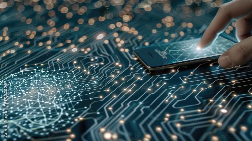 Poster a finger touches the screen of a smartphone laying on a circuit board with a digital network represe