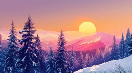 Winter mountain sunset with snow covered pine trees horizontal layout