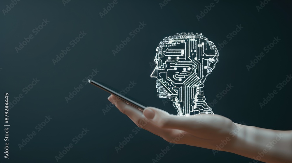 Poster a finger touches the screen of a smartphone laying on a circuit board with a digital network represe