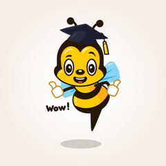 Cute cartoon bee giving two thumbs up with graduate hat. Education mascot vector illustration on isolated white background.