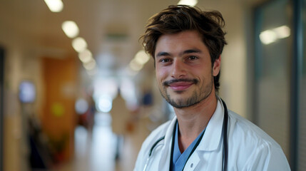 Confident Doctor in Hospital Corridor with Stethoscope