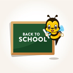 Welcome back to school. Cartoon cute bee teacher holding a white chalk on isolated white background.