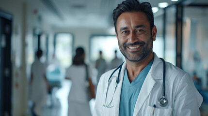 Confident Doctor in Hospital Corridor with Stethoscope