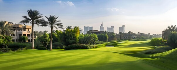 Obraz premium Luxurious Golf Course with Manicured Greens and Lush Palms near Upscale City Skyline