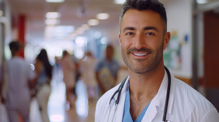 Fototapeta premium Confident Doctor in Hospital Corridor with Stethoscope