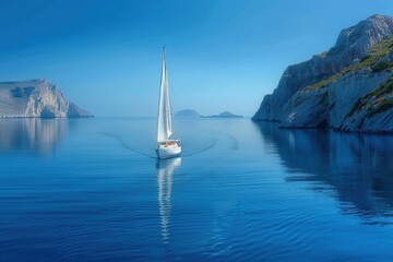 Naklejka premium A sailboat gliding across calm, blue waters with a clear sky overhead. 