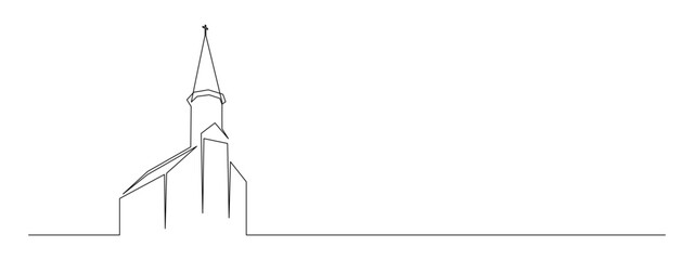 One continuous line drawing of church building with chapel. Catholic and christian house symbol in simple linear style. Vintage religion cathedral in editable stroke. Monoline vector illustration