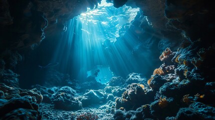 Abstract underwater cave Deep ocean landscape, dark ambiance