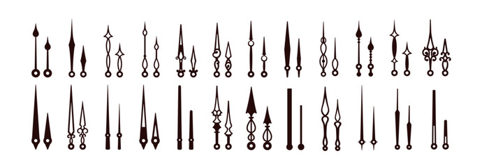 Vintage clock hands set. Antique watch pointer, old retro style design. Hour, minute, second arrows, analog black pointers, long and short. Flat vector illustration isolated on white background