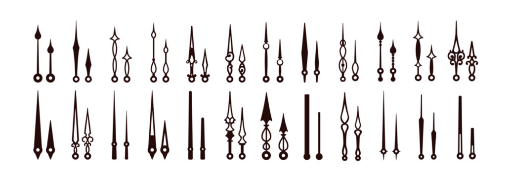 Vintage clock hands set. Antique watch pointer, old retro style design. Hour, minute, second arrows, analog black pointers, long and short. Flat vector illustration isolated on white background