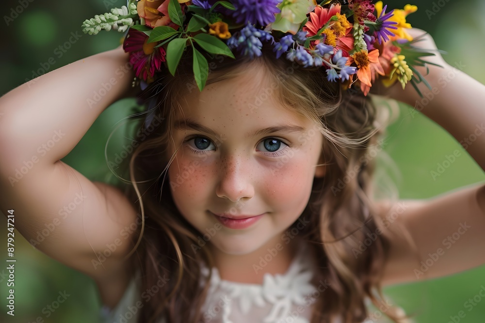 Wall mural the flower girl adjusting her flower crown, with a playful expression and vibrant floral details