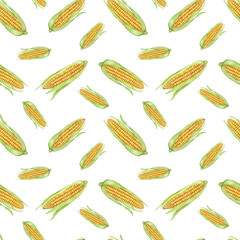 Yellow corn seamless pattern, green husk textile, golden cobs background. Watercolor sweetcorn botanical print design for clothes, wallpaper, wrapping paper, scrapbooking, food packaging, Thanksgiving