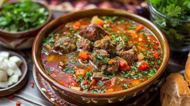 Buglama is a traditional Azerbaijani dish made with meat, vegetables, and herbs stewed in a broth. It is a hearty and flavorful dish that is often served with rice or bread.