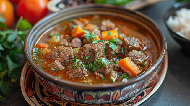 Buglama is a traditional Azerbaijani dish made with meat, vegetables, and herbs stewed in a broth. It is a hearty and flavorful dish that is often served with rice or bread.