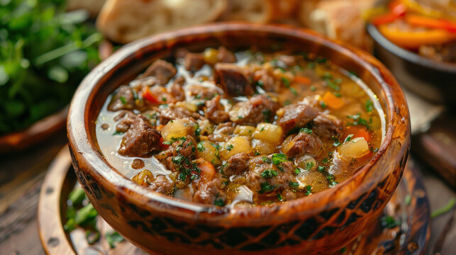 Buglama is a traditional Azerbaijani dish made with meat, vegetables, and herbs stewed in a broth. It is a hearty and flavorful dish that is often served with rice or bread.