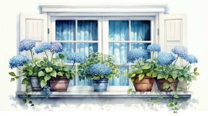 A window with blue shutters and potted flowers 