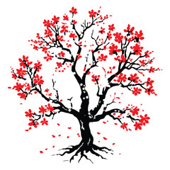 Fototapeta premium Sakura or pink cherry blossom, Vector watercolor blooming flower tree or forest side view isolated on white background for landscape and architecture drawing,elements for environment or and garden