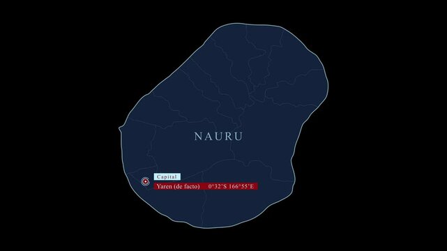 Blue stylized Nauru map with Yaren capital city and geographic coordinates on black background. Motion graphic vfx digital animation