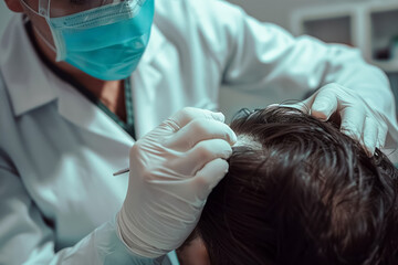 Fototapeta premium During a closeup procedure, a medical professional is focused on treating hair loss, aiming to rejuvenate and restore hair on a persons scalp