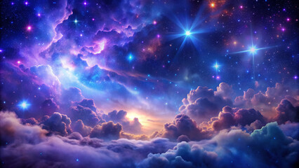 Vibrant purple and blue clouds of interstellar gas and dust float amidst twinkling stars in a mesmerizing celestial landscape of the galaxy's cosmic wonder.