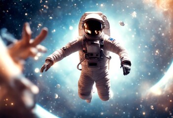 Fototapeta premium space 3d illustration scene fiction science viewer offer i outer astronaut stars reaching open hand floating cosmos universe star future technology fantasy