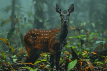 A saola (Asian unicorn) standing in a misty rainforest, its long, straight horns and unique markings clearly visible. 