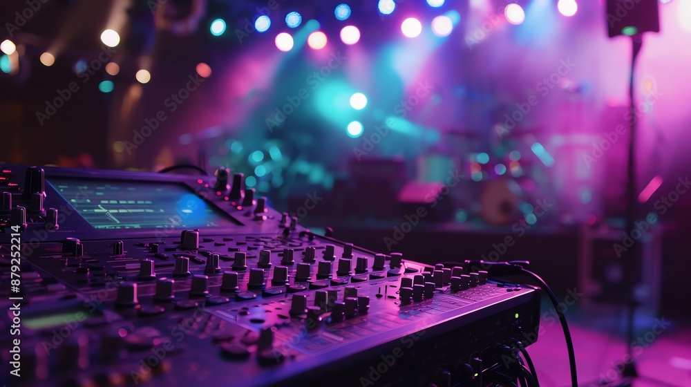 Poster close up of a soundboard in front of a stage with a band playing and colorful lights.