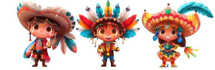 Cowboy, Indian Chief, and Dancer Costumes | Colorful Hyper Realistic Characters with Props Festive Cartoon Characters in 