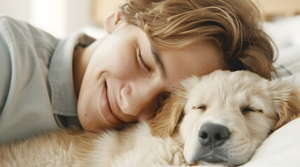 A touching depiction of tranquility and joy, featuring a sleeping boy and his loyal dog in a cozy embrace at home. Reflects the gentle, and heartwarming bond of true friendship and relaxation.