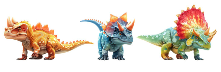 Fototapeta premium Dinosaurs - Styracosaurus, Megalosaurus, and Plesiosaurus in Hyper-Realistic Bright Colors, Isolated cut out dicut PNG on transparent