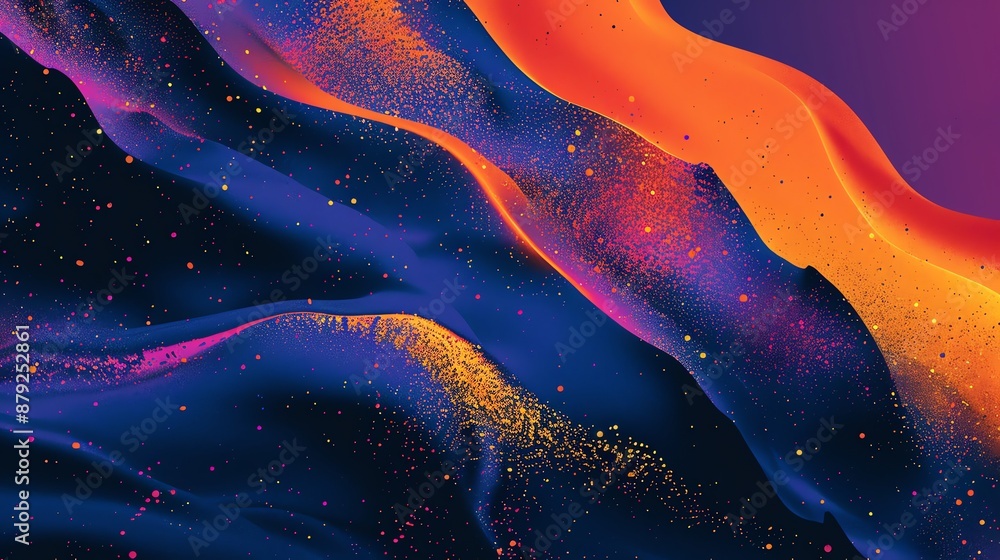 Poster a colorful abstract image with wavy shapes and glowing particles.