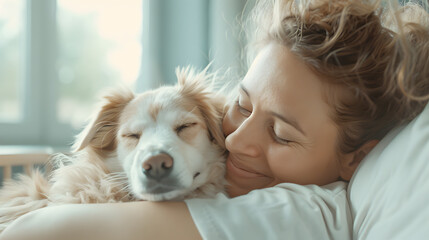 A touching depiction of tranquility and joy, featuring a happy woman and her sleepy loyal dog in a cozy embrace at home. Reflects the gentle, and heartwarming bond of true friendship and relaxation.