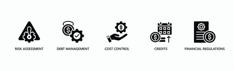 Financial Strategy Banner Web Icon Vector Illustration Concept With Icon Of Risk Assessment, Debt Management, Cost Control, Credits, Financial Regulations