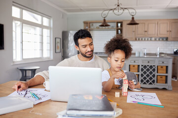 Father, girl and learning with homework in home for creative development, education or homeschool lesson with remote work. People, laptop and child with building blocks for study in dining room