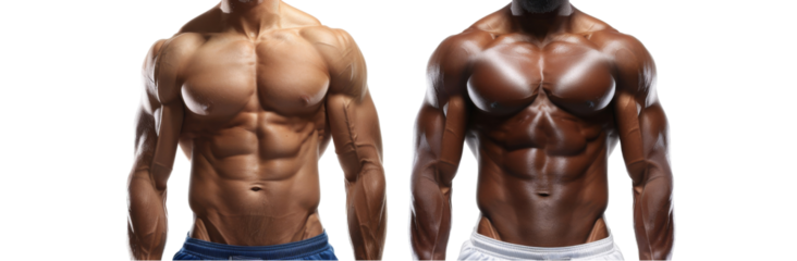 Body Transformation: Slim vs Muscular - Hyper Realistic Comparison in Vibrant Colors  cut out dicut PNG on transparent