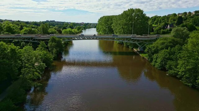Pont de Pritz or Pont de Saint-Pritz bridge over Mayenne River, border between Laval and Chang&eacute;, France. Aerial forward