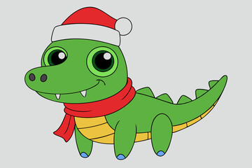 Holiday Cheer: Cute Crocodile in Santa Hat & Scarf Vector Illustration