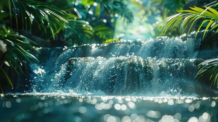 Defocused waterfall in lush green forest