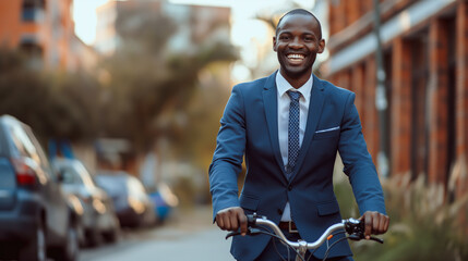 A businessman rides his bicycle to work in the morning, carrying a leather bag over his body.
