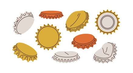 Bottle caps set. Metal beer lids, corks and soda drink plugs in different positions, views, angles. Round crowned bottlecaps, covers, taps. Flat vector illustrations isolated on white background