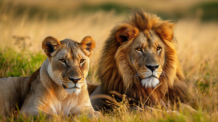 Beautiful male and female lions in a natural grassland.