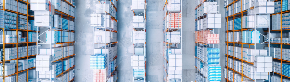 Poster efficient inventory control with neatly arranged storage racks in a warehouse
