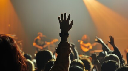 A crowd of people at a concert with their hands raised in the air as they enjoy the performance.