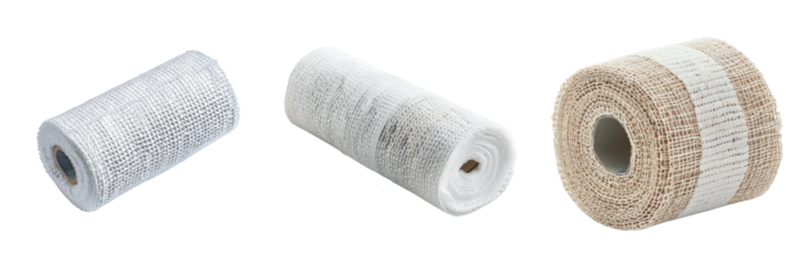 Different types of mesh materials in rolls, perfect for industrial, construction, or crafting uses, laid out on a white background.